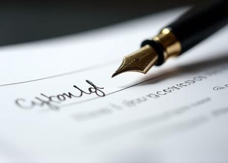 Close up of a fountain pen on a legal document with a focus on fine print